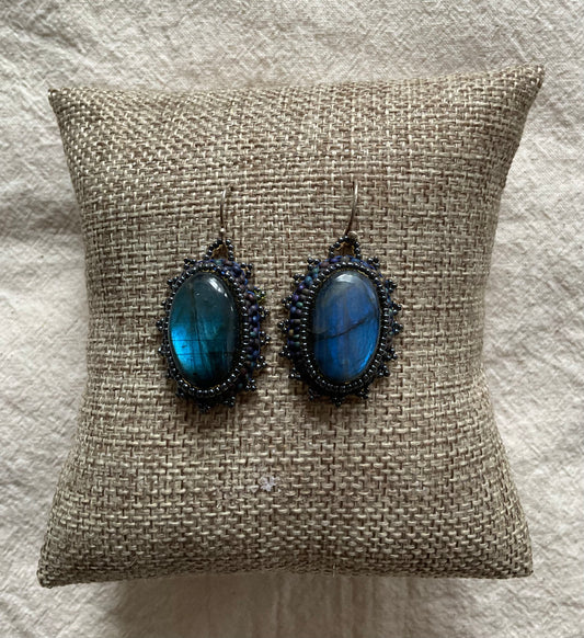 Labradorite Cabochon Beaded Embroidered Earrings