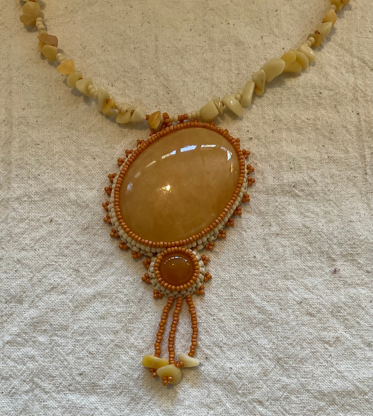 Golden Jade & Amber Bead Embroidered Cabochon Necklace with Fringe